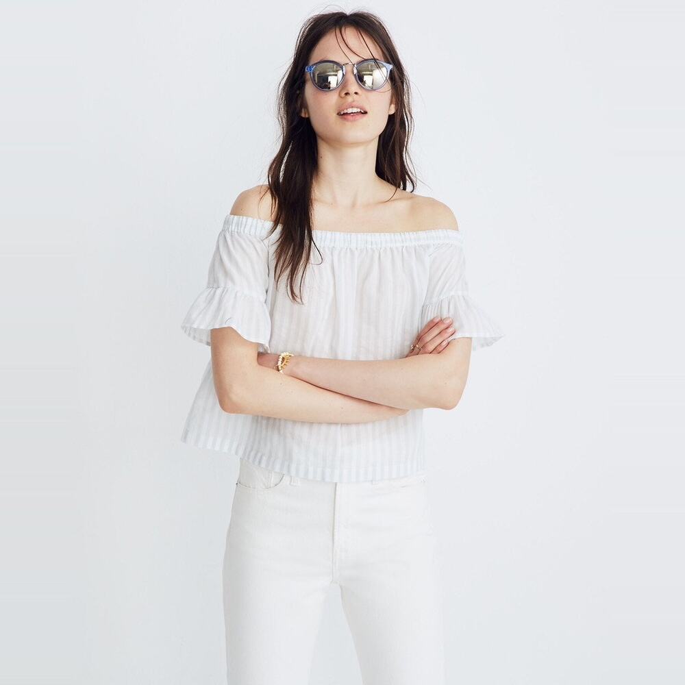 Madewell Striped Off-the-Shoulder Ruffle-Sleeve Top Sea Glass size Small